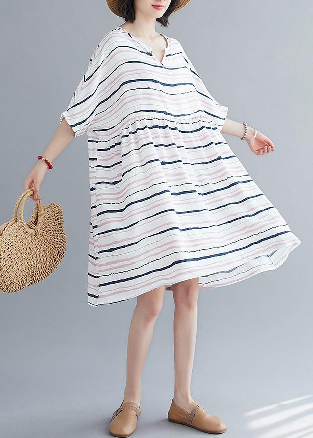 Elegant light pink striped dress o neck Plus Size summer Dresses - bagstylebliss