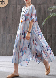 Elegant linen clothes fine Print Short Sleeve A-Line Round Neck Dress - bagstylebliss