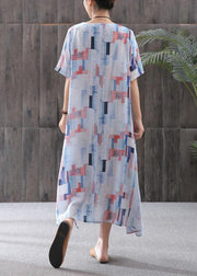 Elegant linen clothes fine Print Short Sleeve A-Line Round Neck Dress - bagstylebliss