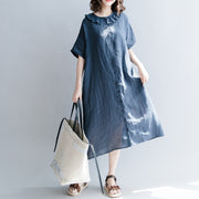 Elegant navy cotton linen dress casual dress fine short sleeve patchwork Peter pan Collar pockets cotton linen dresses