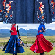 Elegant navy cotton quilting clothes Chinese Button loose embroidery skirts - bagstylebliss