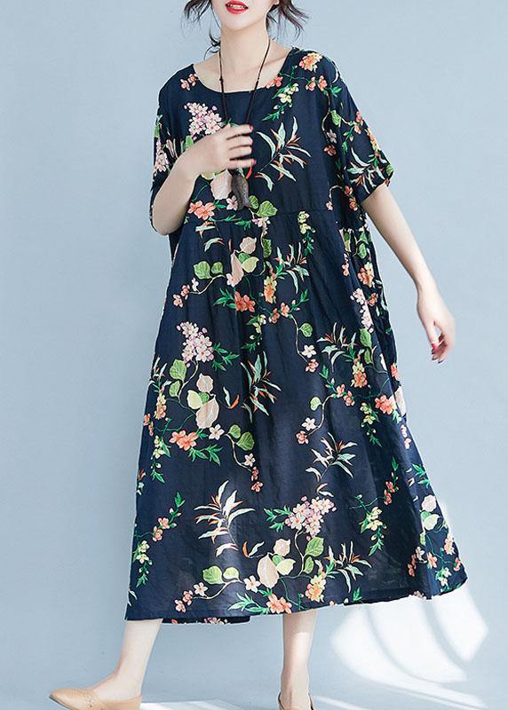 Elegant navy print cotton pattern o neck baggy Maxi Dress - bagstylebliss