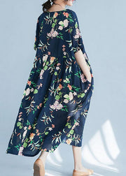 Elegant navy print cotton pattern o neck baggy Maxi Dress - bagstylebliss