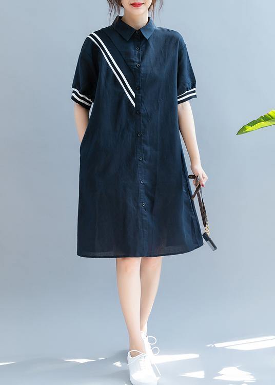 Elegant navy quilting dresses lapel Button Down oversized summer Dress - bagstylebliss