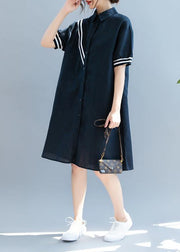 Elegant navy quilting dresses lapel Button Down oversized summer Dress - bagstylebliss