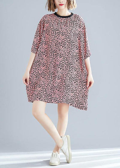 Elegant o neck Batwing Sleeve Cotton blended Korea Neckline pink Leopard daily Dress Summer - bagstylebliss