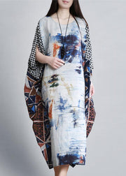 Elegant o neck Batwing Sleeve Long dress Runway blue white print Dress - bagstylebliss