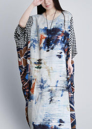 Elegant o neck Batwing Sleeve Long dress Runway blue white print Dress - bagstylebliss