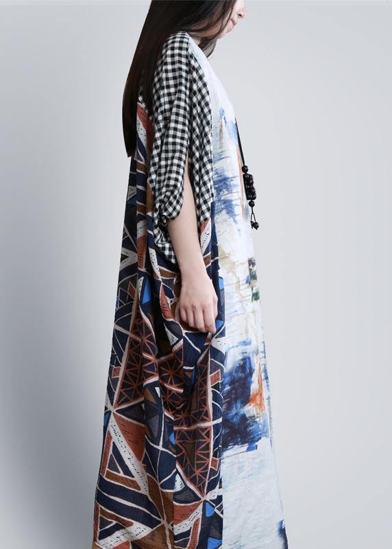 Elegant o neck Batwing Sleeve Long dress Runway blue white print Dress - bagstylebliss