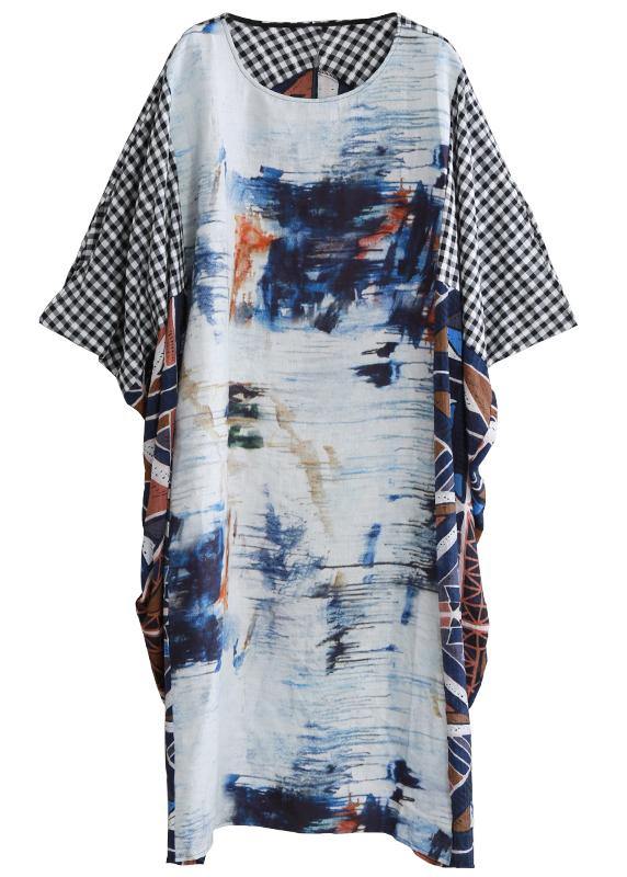 Elegant o neck Batwing Sleeve Long dress Runway blue white print Dress - bagstylebliss