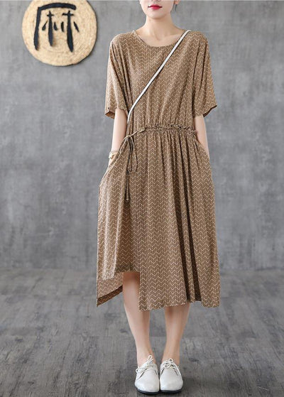 Elegant o neck asymmetric cotton linen dresses Catwalk khaki print Dresses summer - bagstylebliss