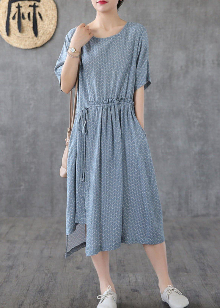 Elegant o neck asymmetric cotton linen dresses Catwalk khaki print Dresses summer - bagstylebliss