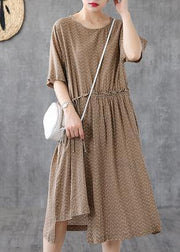 Elegant o neck asymmetric cotton linen dresses Catwalk khaki print Dresses summer - bagstylebliss