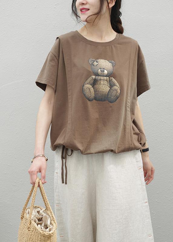 Elegant o neck drawstring cotton top Wardrobes chocolate print shirt - bagstylebliss