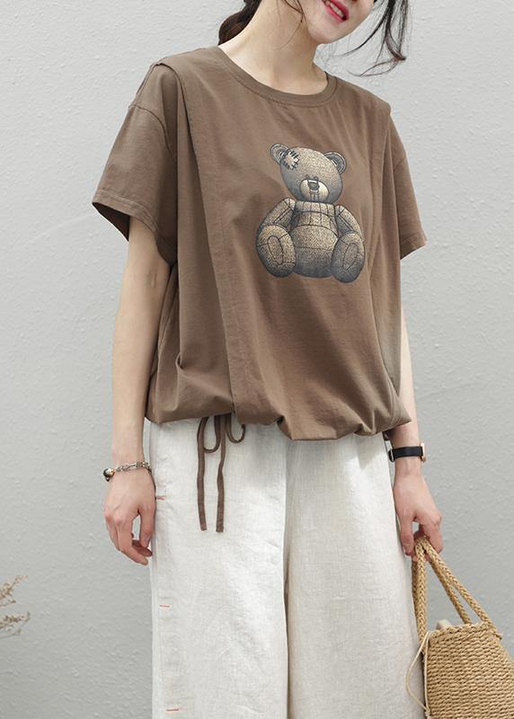 Elegant o neck drawstring cotton top Wardrobes chocolate print shirt - bagstylebliss