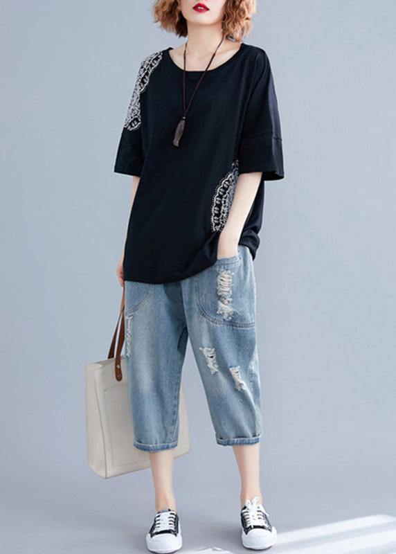 Elegant o neck half sleeve cotton Fabrics black print shirts summer - bagstylebliss