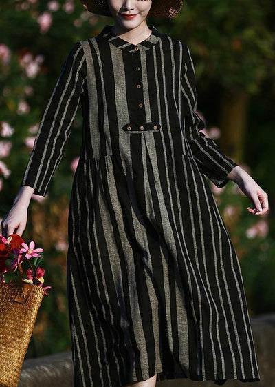 Elegant o neck linen spring clothes For Women pattern black striped Dresses - bagstylebliss