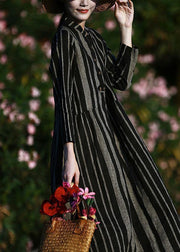 Elegant o neck linen spring clothes For Women pattern black striped Dresses - bagstylebliss