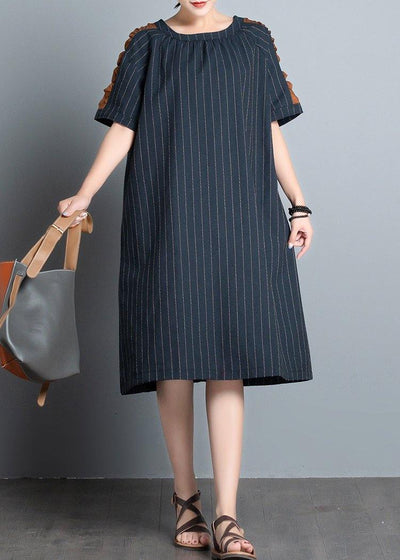 Elegant o neck patchwork cotton quilting clothes Shape black striped Dress summer - bagstylebliss