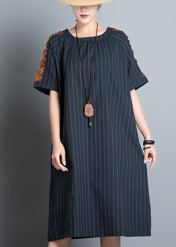 Elegant o neck patchwork cotton quilting clothes Shape black striped Dress summer - bagstylebliss