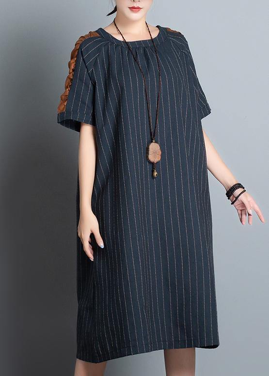 Elegant o neck patchwork cotton quilting clothes Shape black striped Dress summer - bagstylebliss