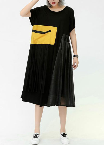 Elegant o neck patchwork pockets cotton Women Outfits yellow Dress summer - bagstylebliss