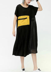 Elegant o neck patchwork pockets cotton Women Outfits yellow Dress summer - bagstylebliss