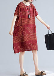 Elegant o neck pockets Cotton quilting dresses Runway burgundy dotted Dress - bagstylebliss