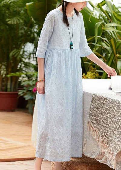 Elegant o neck pockets cotton quilting clothes design light blue Plus Size Dresses summer - bagstylebliss