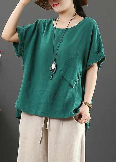 Elegant o neck pockets linen cotton summer shirts women green Art tops - bagstylebliss