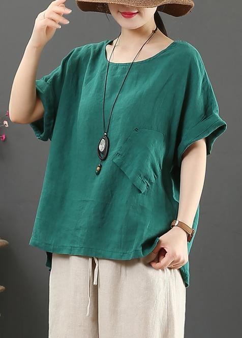 Elegant o neck pockets linen cotton summer shirts women green Art tops - bagstylebliss