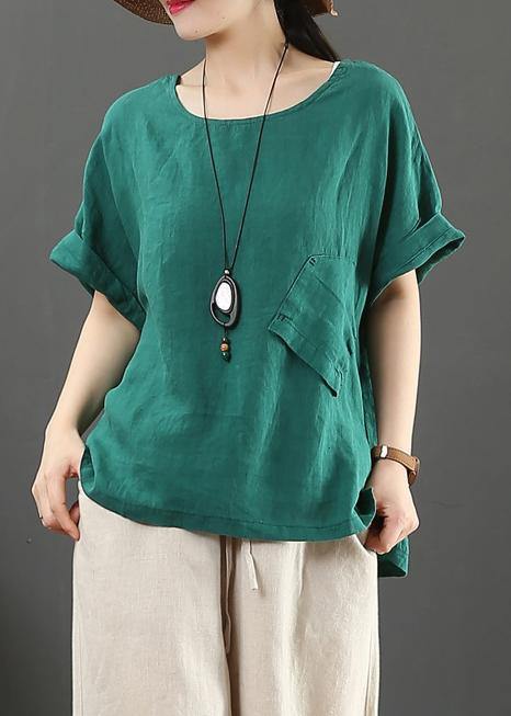 Elegant o neck pockets linen cotton summer shirts women green Art tops - bagstylebliss