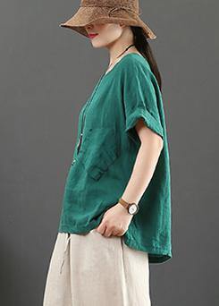 Elegant o neck pockets linen cotton summer shirts women green Art tops - bagstylebliss