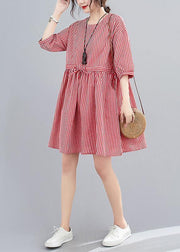 Elegant o neck pockets summer Work Outfits red striped Dress - bagstylebliss