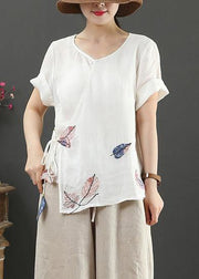 Elegant o neck short sleeve linen blouses for women Tutorials white print blouses - bagstylebliss