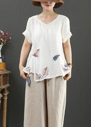 Elegant o neck short sleeve linen blouses for women Tutorials white print blouses - bagstylebliss