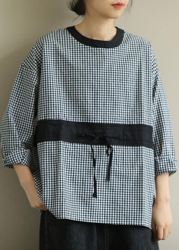 Elegant o neck tie waist fall Blouse Wardrobes black plaid shirt - bagstylebliss