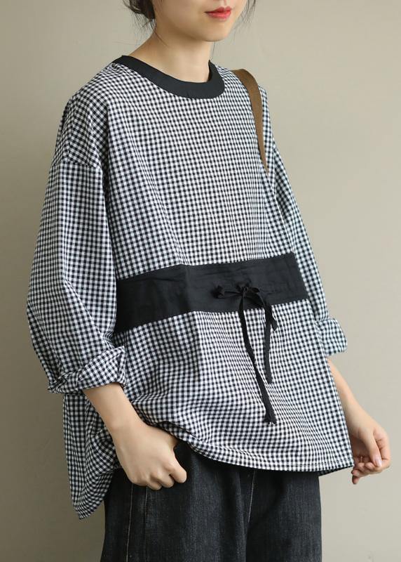 Elegant o neck tie waist fall Blouse Wardrobes black plaid shirt - bagstylebliss