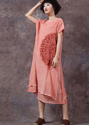 Elegant orange embroidery linen cotton dress side open long summer Dresses - bagstylebliss