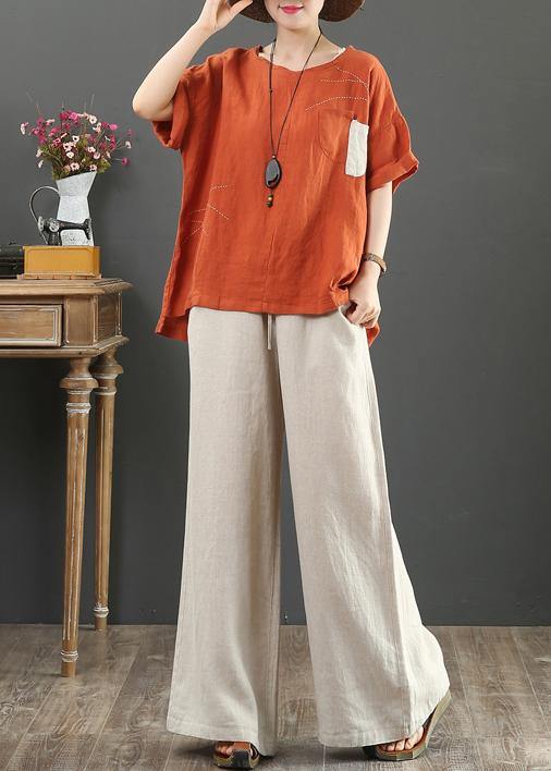 Elegant orange linen shirts women o neck pockets Plus Size Clothing summer top - bagstylebliss