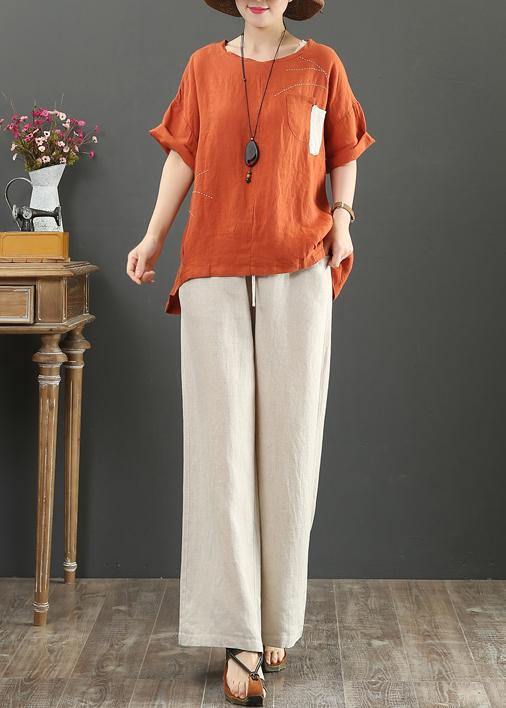 Elegant orange linen shirts women o neck pockets Plus Size Clothing summer top - bagstylebliss
