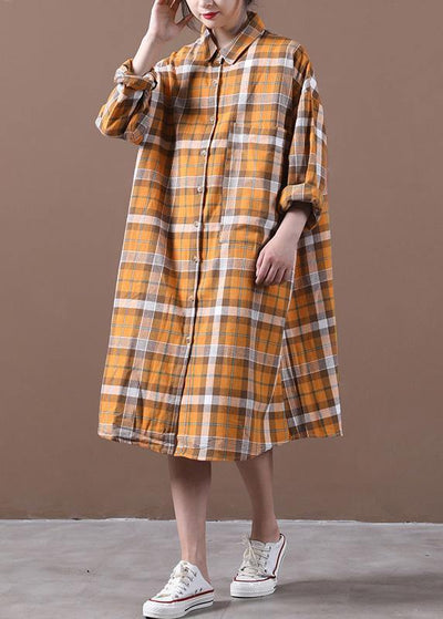 Elegant orange plaid Robes lapel Cinched loose spring Dress - bagstylebliss