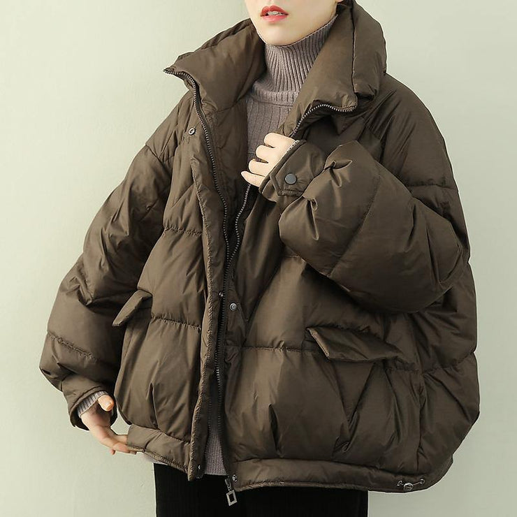 Elegant oversize snow jackets winter outwear chocolate stand collar zippered down coat - bagstylebliss