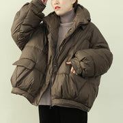 Elegant oversize snow jackets winter outwear chocolate stand collar zippered down coat - bagstylebliss