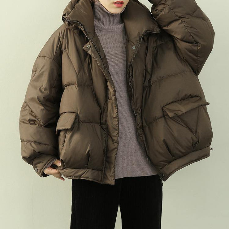 Elegant oversize snow jackets winter outwear chocolate stand collar zippered down coat - bagstylebliss