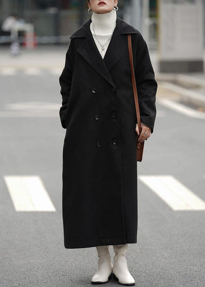 Elegant oversized Coats outwear black Notched double breast woolen overcoat - bagstylebliss