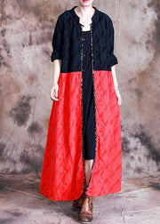 Elegant oversized long coat fall black patchwork red Jacquard pockets overcoat - bagstylebliss