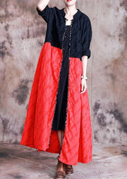 Elegant oversized long coat fall black patchwork red Jacquard pockets overcoat - bagstylebliss