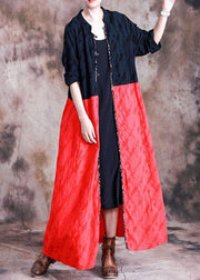 Elegant oversized long coat fall black patchwork red Jacquard pockets overcoat - bagstylebliss