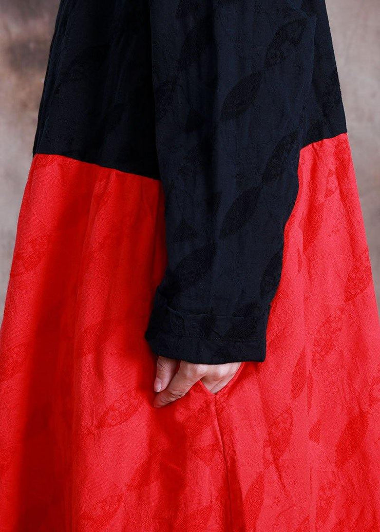 Elegant oversized long coat fall black patchwork red Jacquard pockets overcoat - bagstylebliss